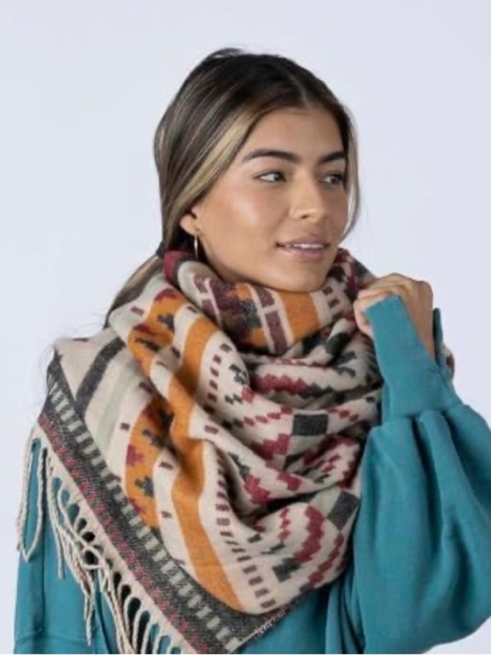 pistil Aztec Pattern Fringe Scarf in Cream, Burgundy & Mustard Duluth trading co